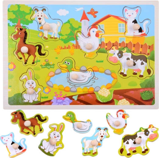 Drewniane puzzle wkładane ze zwierzątkami z farmy – 7 elementów z uchwytami