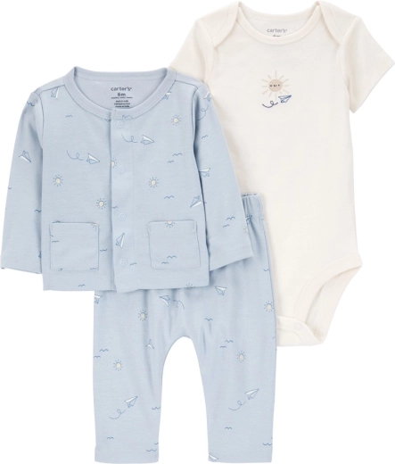 Carter’s dziecięcy zestaw 3 szt. – bluza, body z krótkim rękawem i spodenki dresowe Blue Airplane (chłopięcy, rozm. 56)