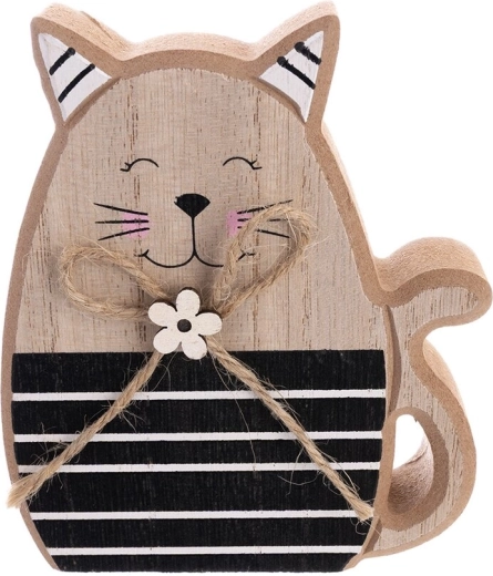 Drewniana dekoracja kot beżowo/czarna 12 cm