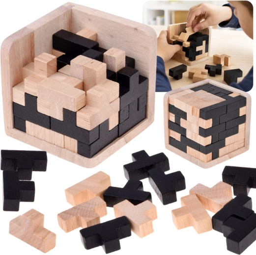 Drewniana logiczna kostka 3D Tetris czarno-naturalna