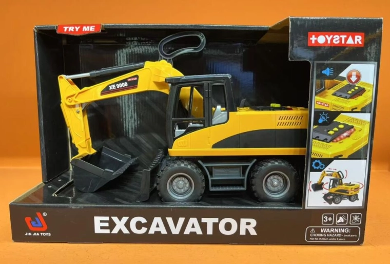 Żółta zabawka budowlana – koparka z ruchomymi łyżkami