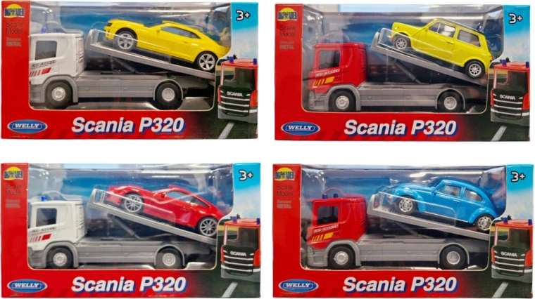 Welly lawetowy samochód ciężarowy Scania 1:57 ze sportowym autem 1:43