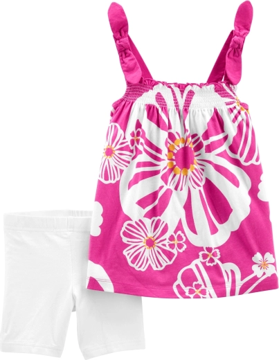 Dziewczęcy letni zestaw: tunika i krótkie legginsy w fioletowe kwiaty