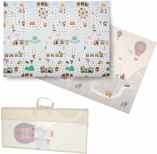 Składana dwustronna piankowa mata edukacyjna 150 × 200 cm – ulice i baloniki