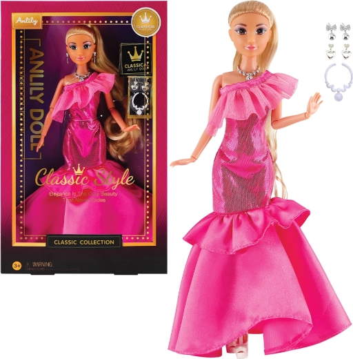 Modna lalka w sukni wieczorowej – ciemnoróżowej