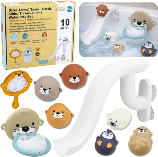 Zestaw kąpielowych zabawek: wydra i zwierzątka ze zjeżdżalnią i siatką, 10 elementów
