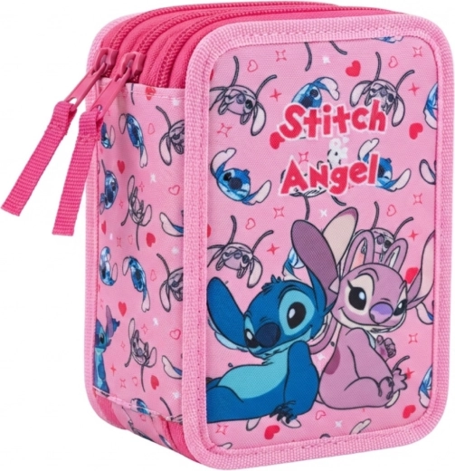 Trójkomorowy wyposażony piórnik szkolny Lilo & Stitch Stitch i Angel, różowy