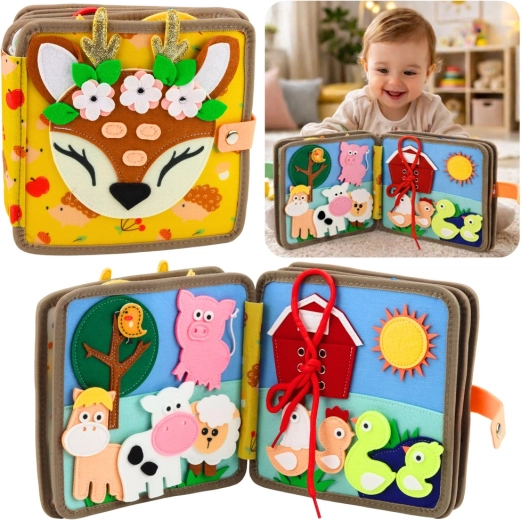 Sensoryczna filcowa książeczka Jelonek – interaktywna edukacyjna książka dla najmłodszych