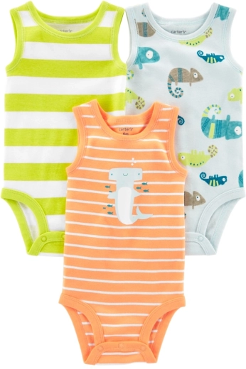 CARTER'S bawełniane body niemowlęce bez rękawów stripes animals dla chłopców, 3 szt. – 3 m
