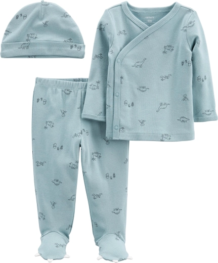 Carter’s 3‑częściowy zestaw niemowlęcy Blue Dino – koszulka z długim rękawem, półśpiochy i czapka
