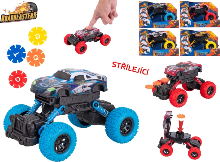 Roadblasters auto z dużymi kołami – metalowy model 17 cm z napędem bezwładnościowym i strzelaniem dysków