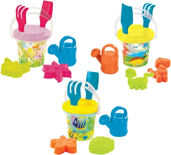 Przezroczysty zestaw do piasku z konewką – wróżki, dinozaury i rybki 1,3 l