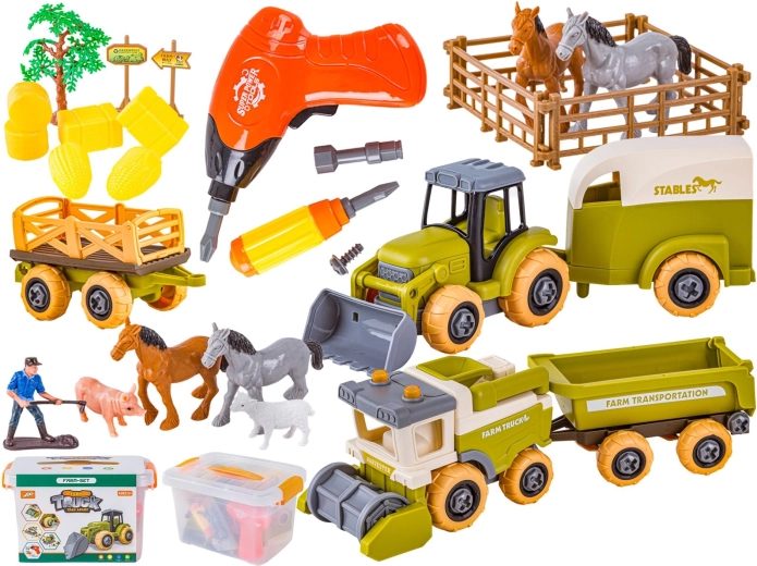 Składana mini farma – traktor i kombajn ze śrubokrętem/wkrętarką oraz zwierzątkami