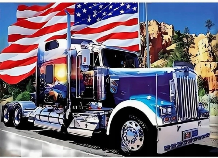 Diamentowe malowanie Amerykański samochód z flagą 30 × 40 cm