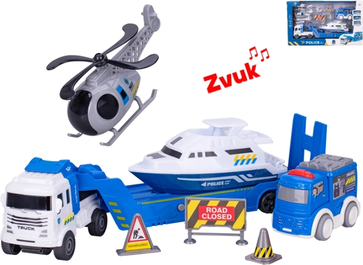 Ciężarówka z pojazdami policyjnymi z napędem ciernym i efektami dźwiękowymi 30 cm