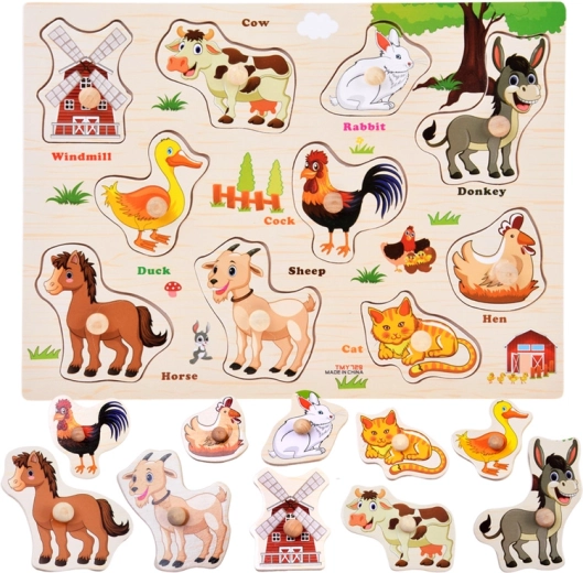 Drewniane puzzle farma z uchwytami i angielskimi słówkami – 10 elementów