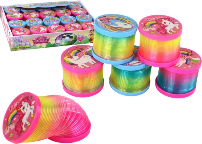 Tęczowa sprężyna z efektem LED – motyw jednorożców