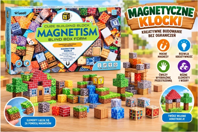 Magnetyczne klocki konstrukcyjne z pikselowymi motywami