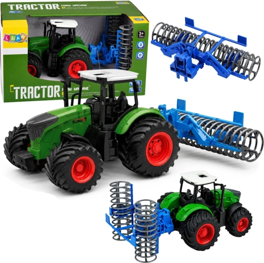 Traktor rolniczy z doczepianym wałem uprawowym 1:24 zielony