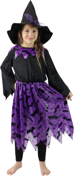 dziecięcy kostium czarownicy z kapeluszem i motywem nietoperzy (rozmiar S)