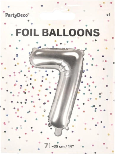 Srebrny balon foliowy cyfra 7, 35 cm