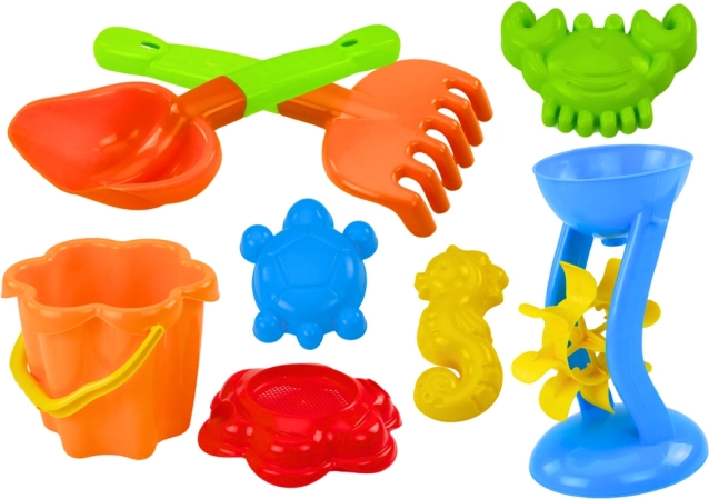 Kolorowy zestaw zabawek do piasku z młynkiem i foremkami