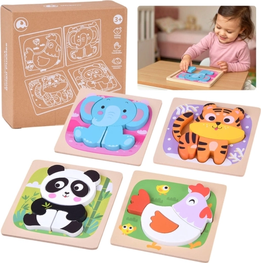 Drewniane puzzle z wkładanymi elementami ze zwierzątkami - 4 szt.