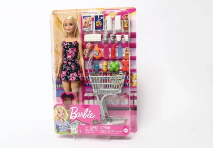 Lalka Barbie na zakupy z wózkiem i akcesoriami