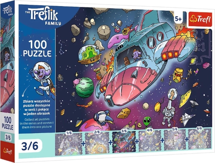 Puzzle Trefl Rodzina Treflików w kosmosie: Gonduś w rakiecie – 100 elementów