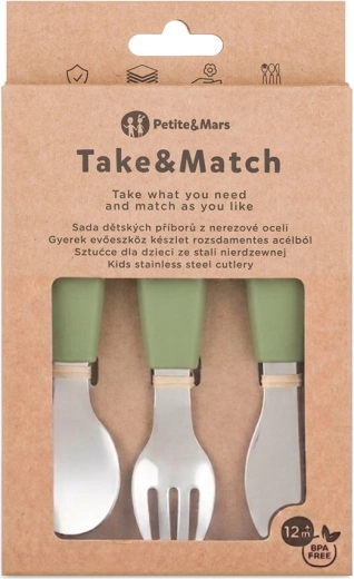 Petite&Mars zestaw dziecięcych sztućców ze stali nierdzewnej Take&Match sweet pea 12m+