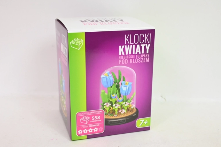 Zestaw klocków: bukiet niebieskich tulipanów pod szklanym kloszem