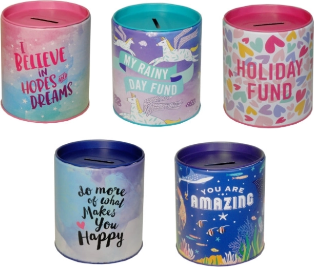 Metalowa skarbonka z napisami dla dzieci