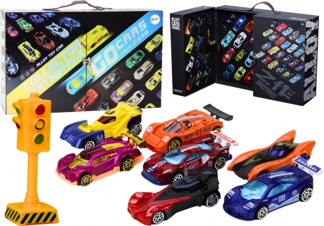 Wyścigowe auta w kufrze z sygnalizacją świetlną