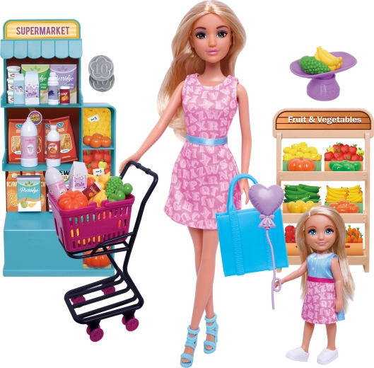 Zestaw lalek z wózkiem na zakupy do supermarketu
