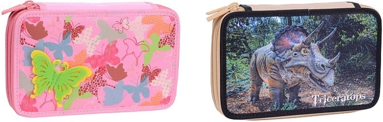 Dwupoziomowy szkolny piórnik CONCORDE z motywem dinozaura i motyli