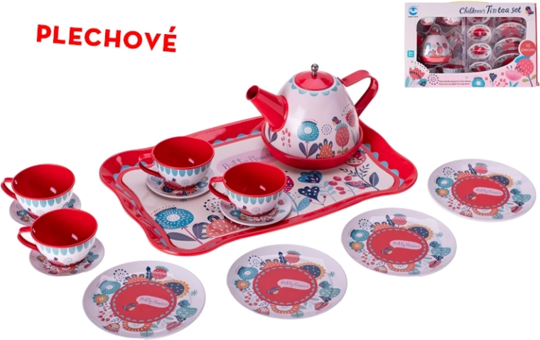 Dziecięcy metalowy zestaw do herbaty z tacą, 15 szt.