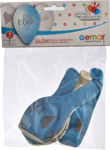 Lateksowe balony „To chłopiec” niebiesko-białe 30 cm (5 szt.)