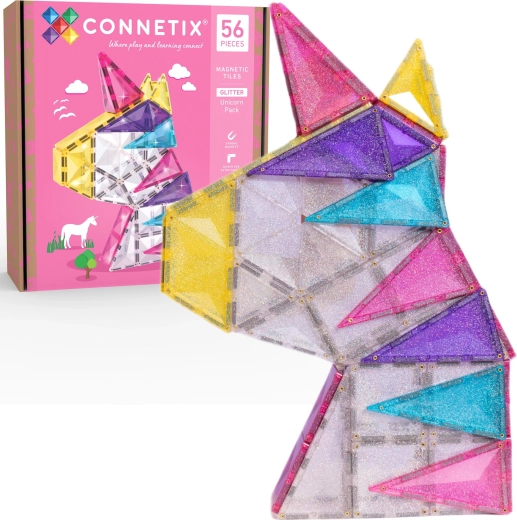 CONNETIX Brokatowy zestaw magnetycznych klocków konstrukcyjnych Jednorożec, 56 elementów