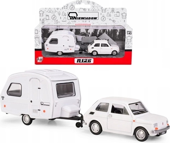 Fiat 126p z przyczepą kempingową Niewiadów N126, biały, model 1:43