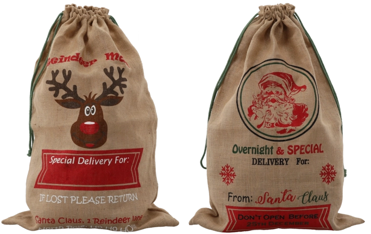 Świąteczny jutowy worek prezentowy 60 × 90 cm, opakowanie 10 szt.