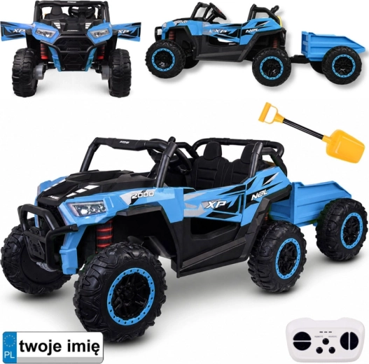 Dziecięcy elektryczny buggy 4x4 dla dwojga z przyczepką – niebieska