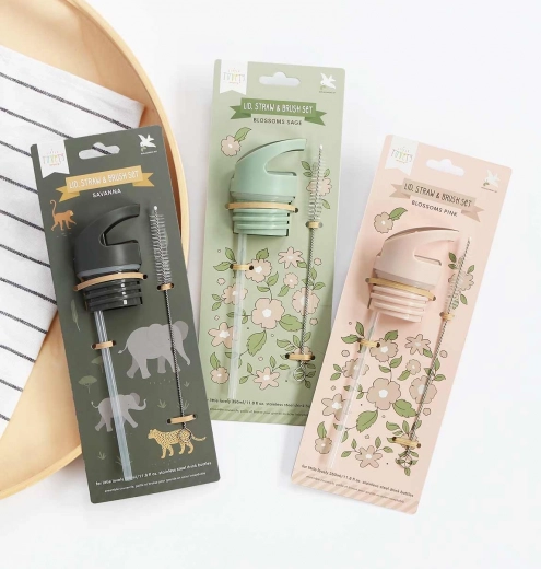 A Little Lovely Company zestaw zakrętki, szczoteczki i słomki do butelki ze stali nierdzewnej 350 ml – Zwierzęta