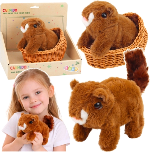Interaktywna pluszowa wiewiórka w koszyku – chodzi i wydaje dźwięki, brązowa