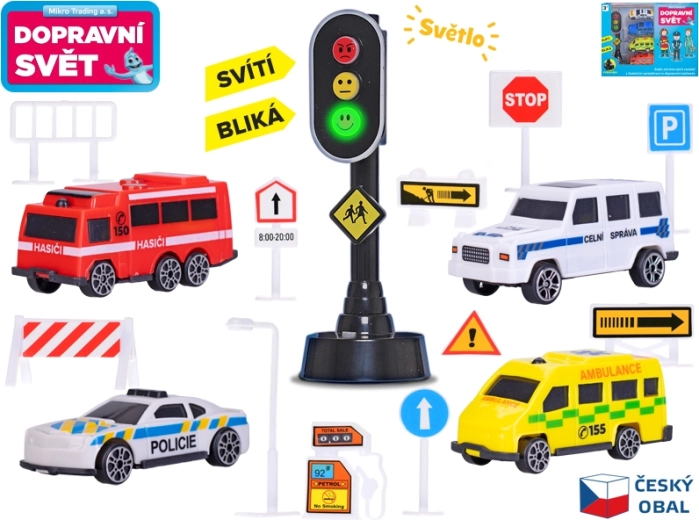 Zestaw samochodzików z znakami drogowymi i sygnalizatorem świetlnym, 4 szt.