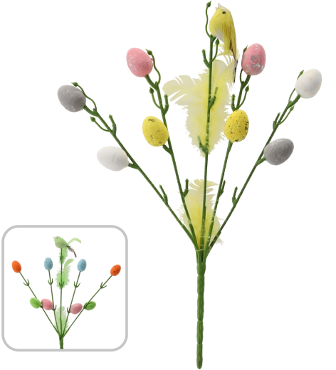 Wielkanocna gałązka z ptaszkiem i jajeczkami na patyczku 30 cm