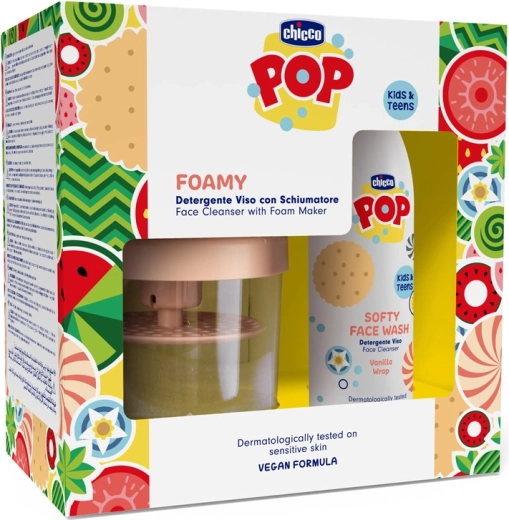Chicco POP Softy delikatny żel oczyszczający do twarzy Vanilla Wrap 150 ml z pojemnikiem do spieniania