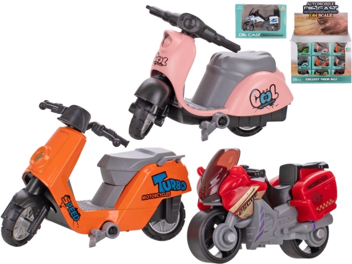 Metalowy motocykl 1:64 z napędem typu pull-back, 7 cm