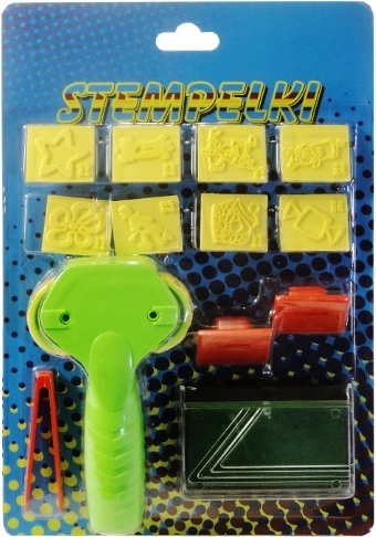 Kolorowy zestaw stempli dla dzieci z gąbeczką, pęsetą i wałeczkiem – bajkowe motywy