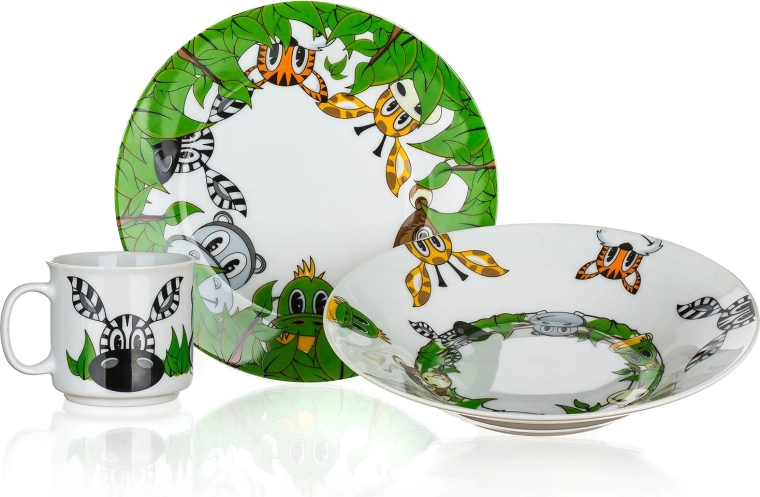 Dziecięcy zestaw obiadowy Przyjaciele z dżungli, 3‑częściowy, ceramiczny