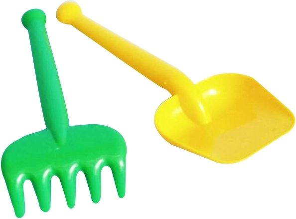 Plastowy zestaw ogrodowy dla dzieci – mała łopatka i grabki